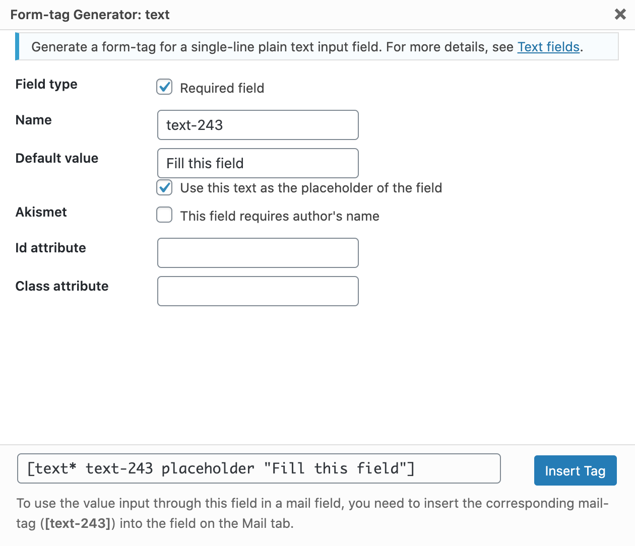 form tag generator text of contact form 7