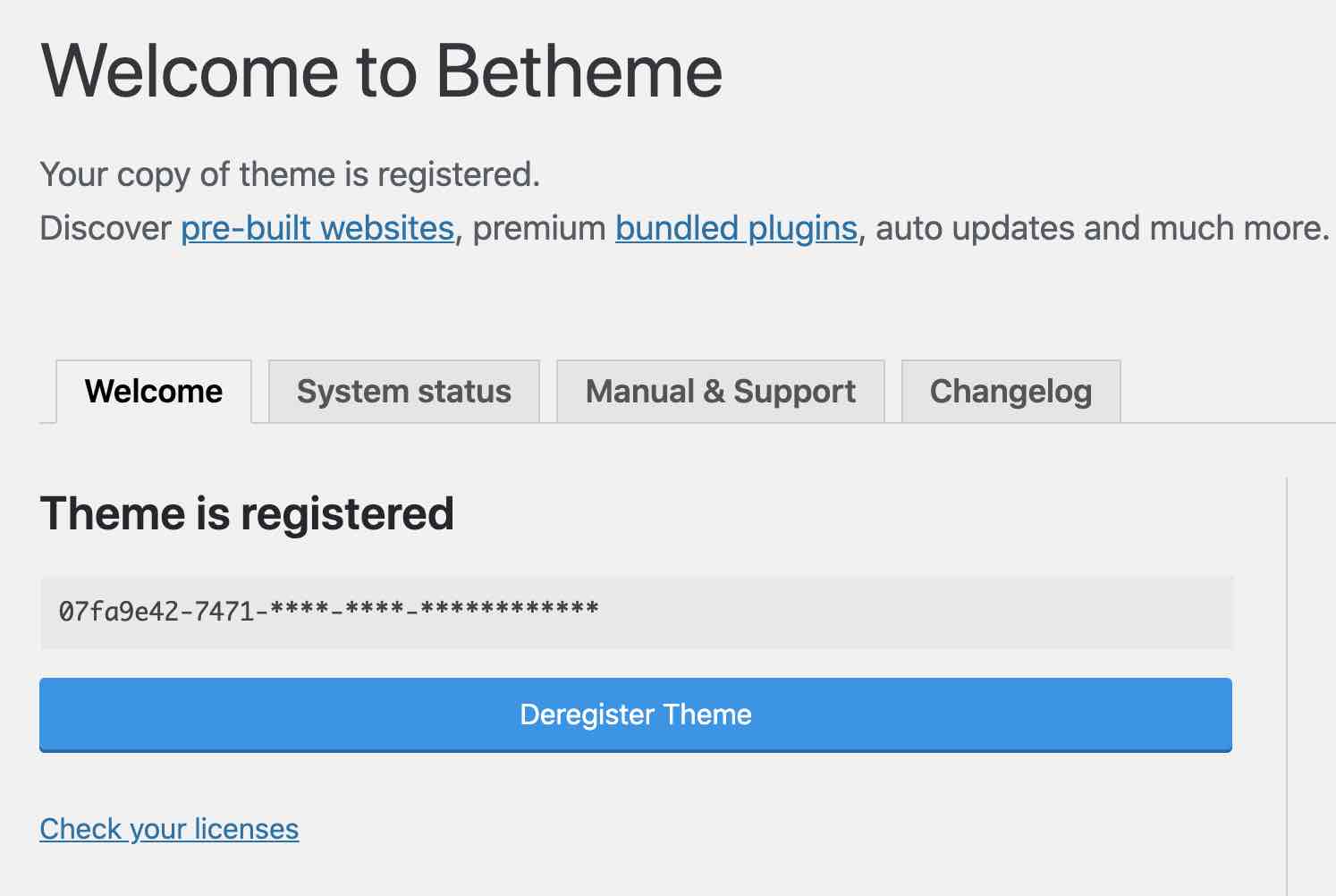 Registration of the theme BeTheme on the WordPress back office