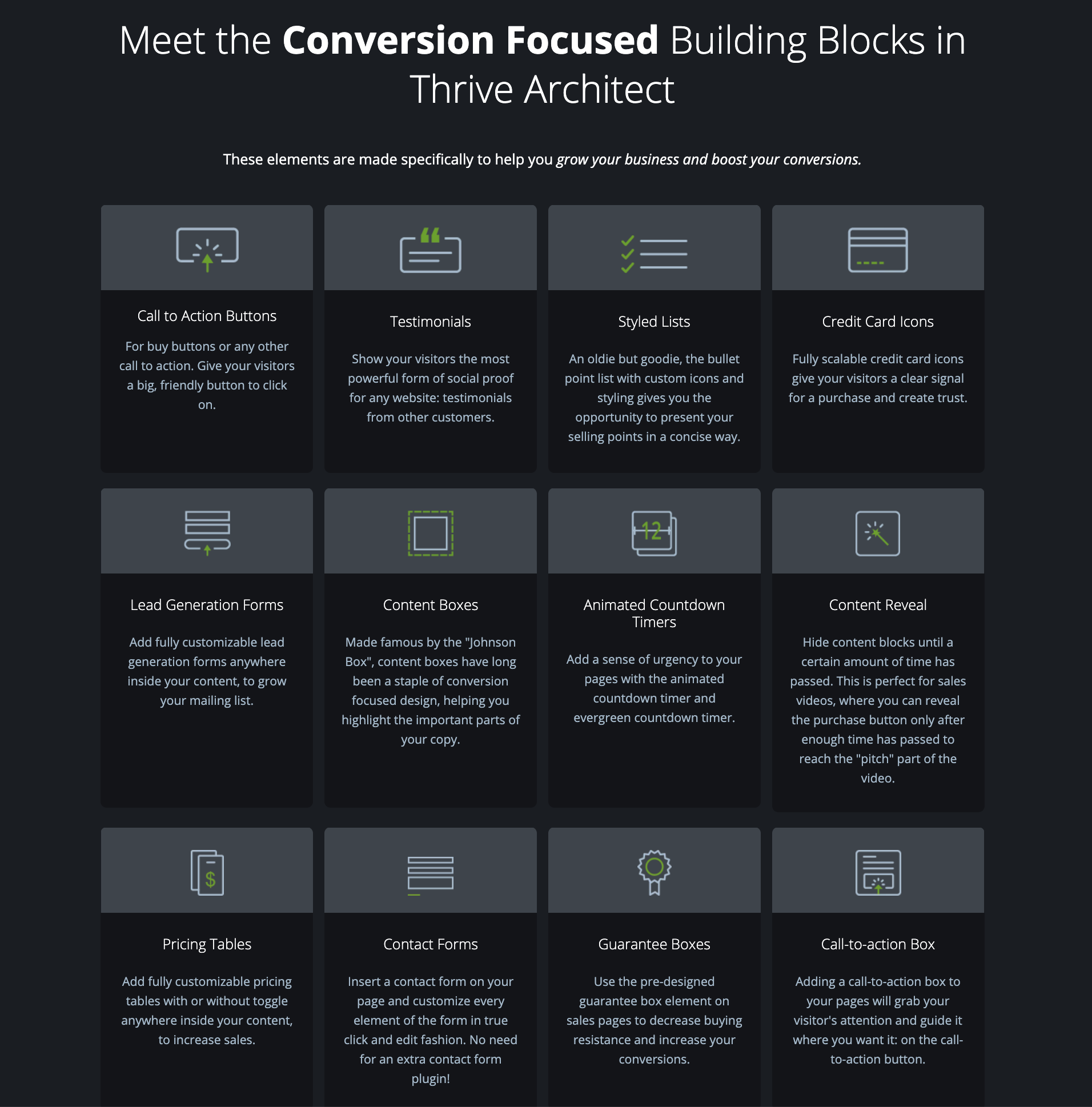 conversion focused building blocks on Thrive Architect