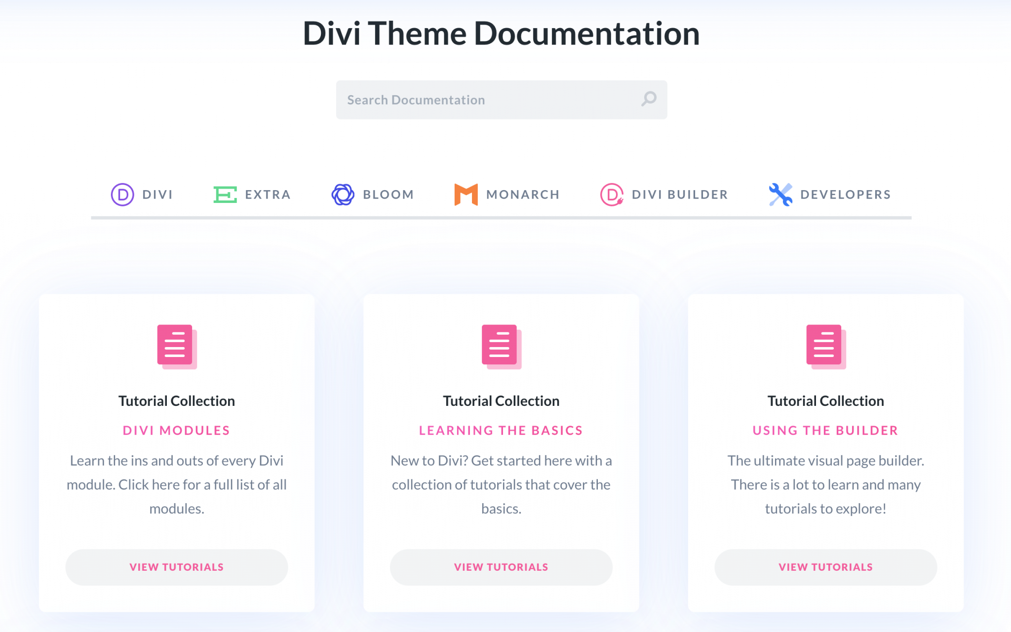 Screenshot of the Divi Theme Documentation homepage