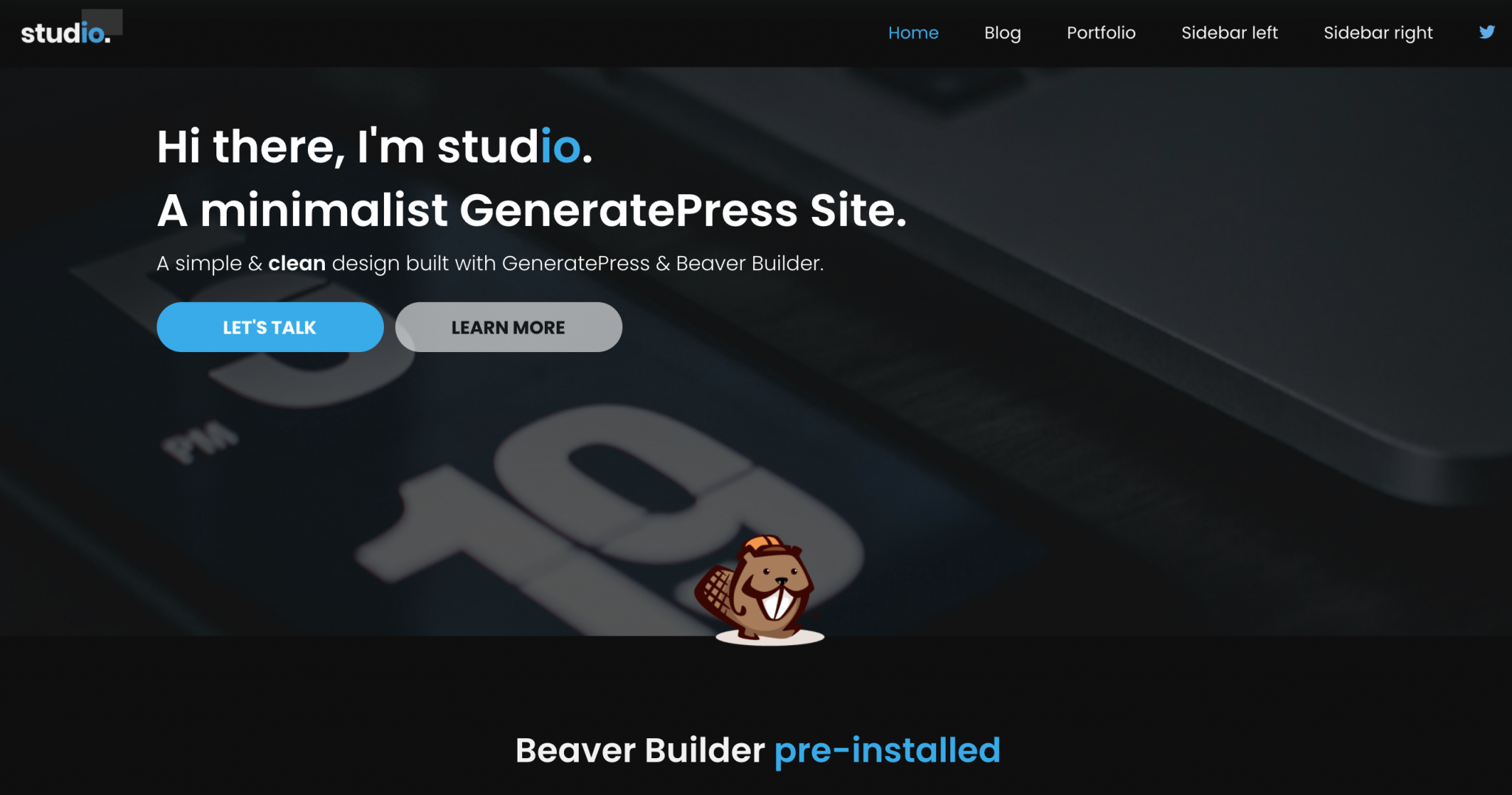Le template Studio de GeneratePress qui met en avant sa compatibilité avec le constructeur de pages Beaver Builder