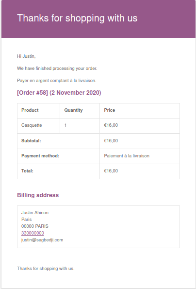example of a default WooCommerce invoice