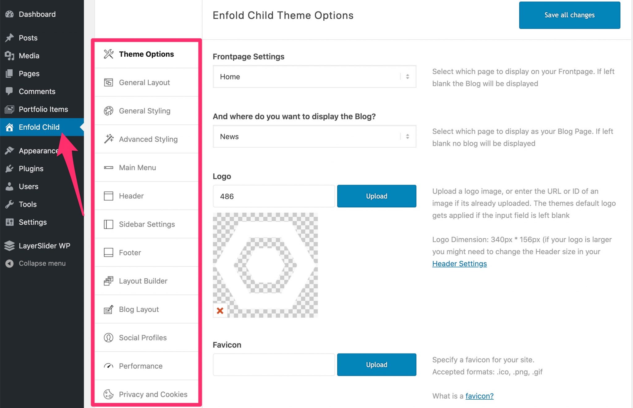 Enfold theme options on WordPress admin menu