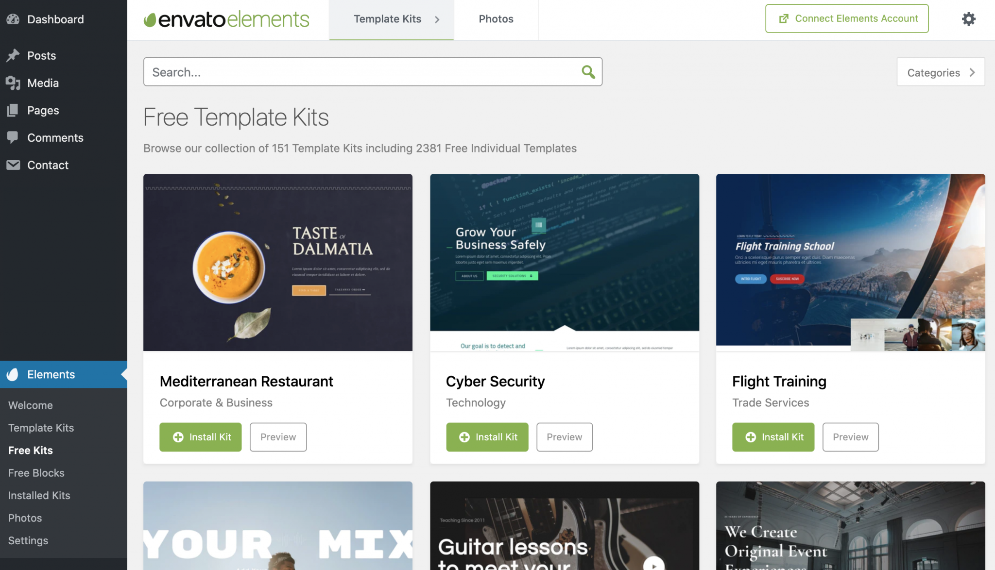 find free templates for Elementor on Envato elements plugin on WordPress