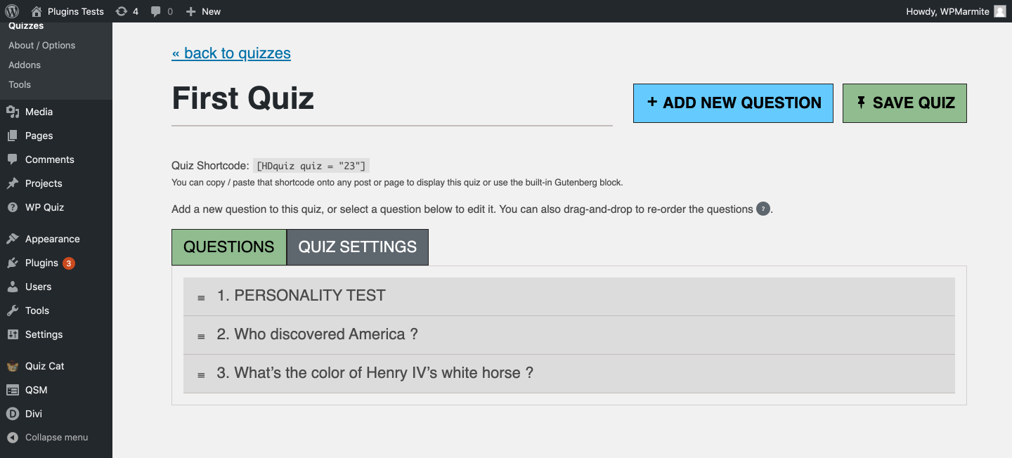 WordPress quiz plugin HD Quiz settings
