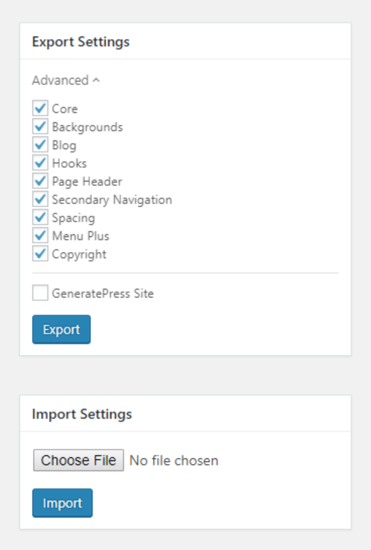 Export and import settings from the customizer on GeneratePress