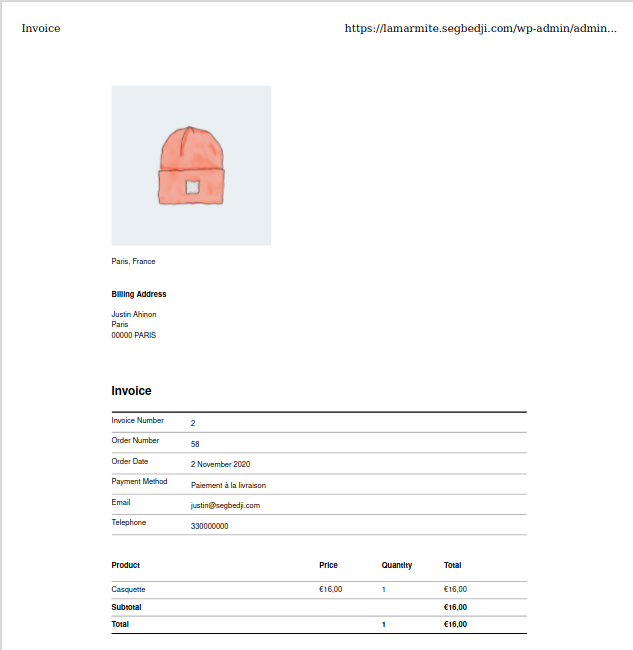 Example of invoice generated by the plugin Print Invoice & Delivery Notes for WooCommerce