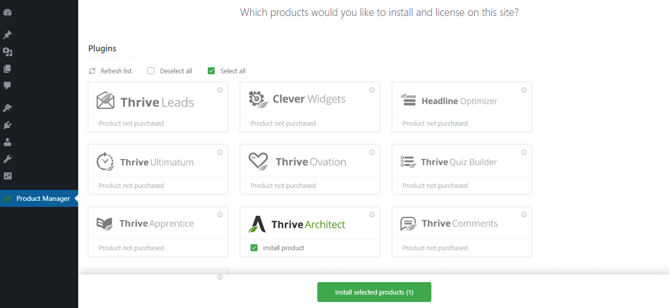 Thrive Themes products in Product Manager on WordPress
