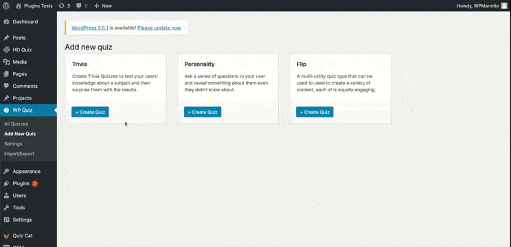 Adding a new quiz in the settings of the WP Quiz plugin on WordPress