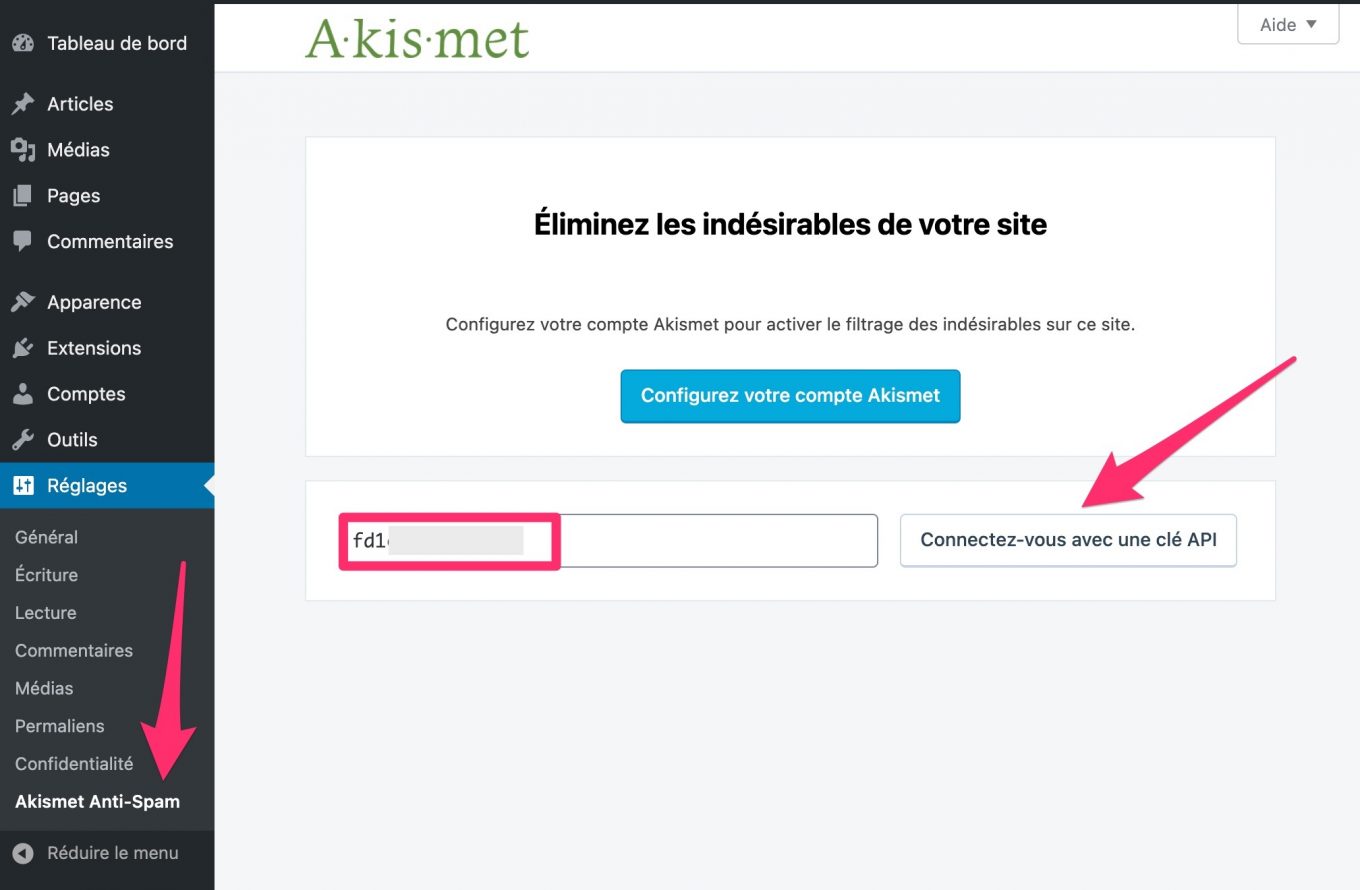 Entrer la clé API d'Akismet sur le tableau de bord WordPress