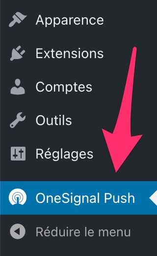 Menu OneSignal Push de l'extension pour envoyer des notifications web push