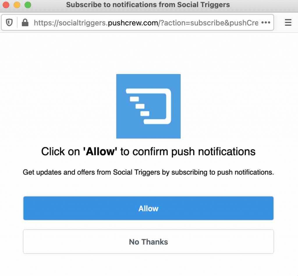 Une confirmation de notification push sur le site Social Triggers