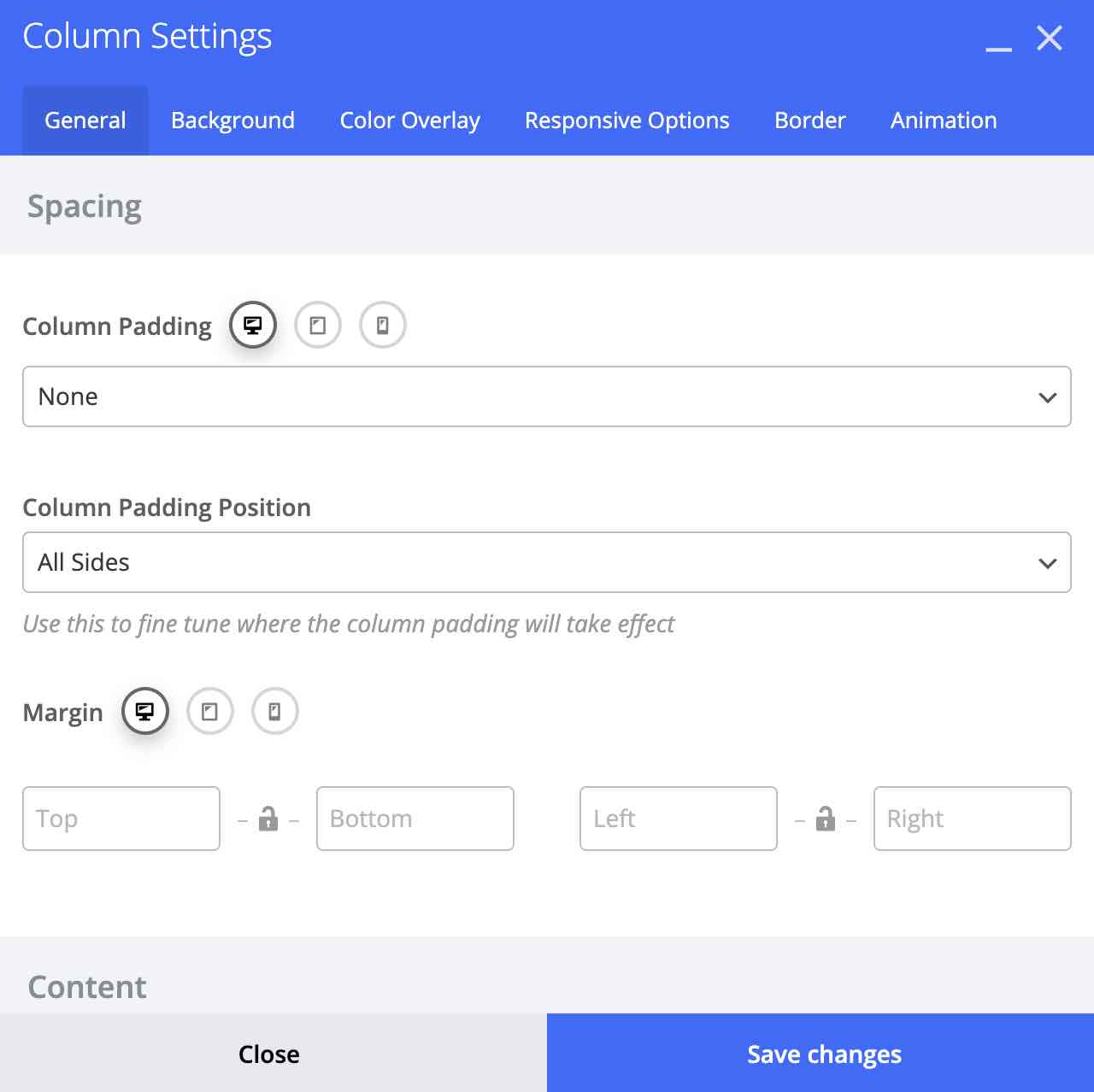 Column settings of WPBakery page builder on Salient theme