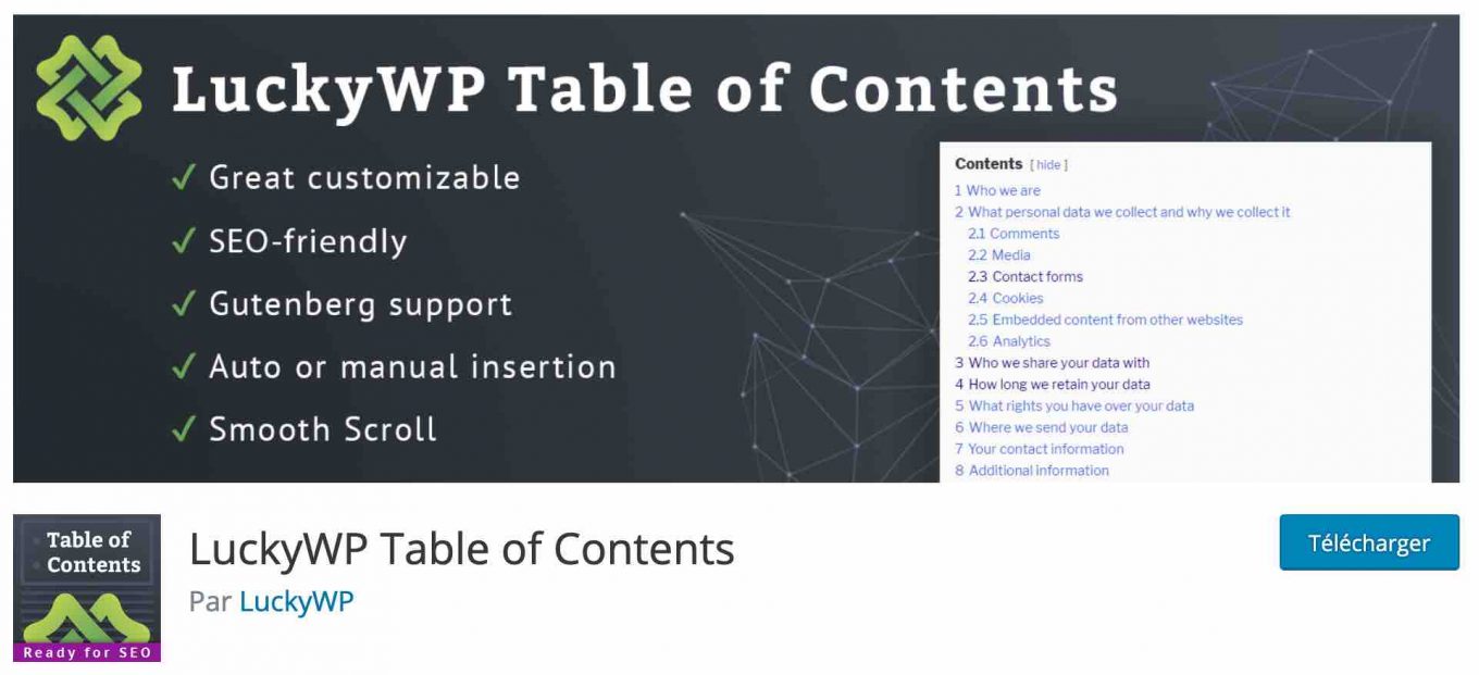 LuckyWP Table of Contents permet de créer une table des matières sur votre blog WordPress