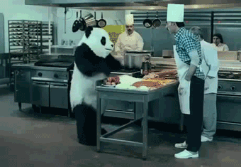 A panda throws flour.