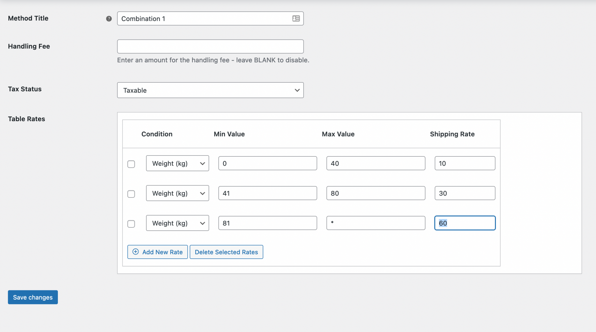 Table rates on WooCommerce to create shipping mode associations