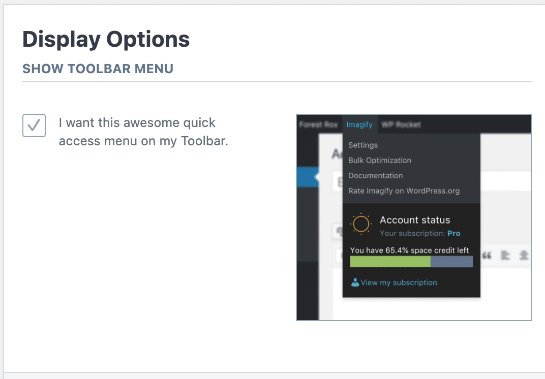 Imagify's display options for the WordPress admin toolbar