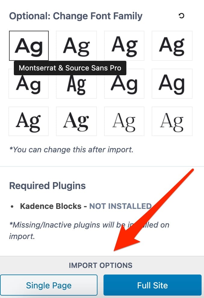 Import options for single page or full site on Kadence theme