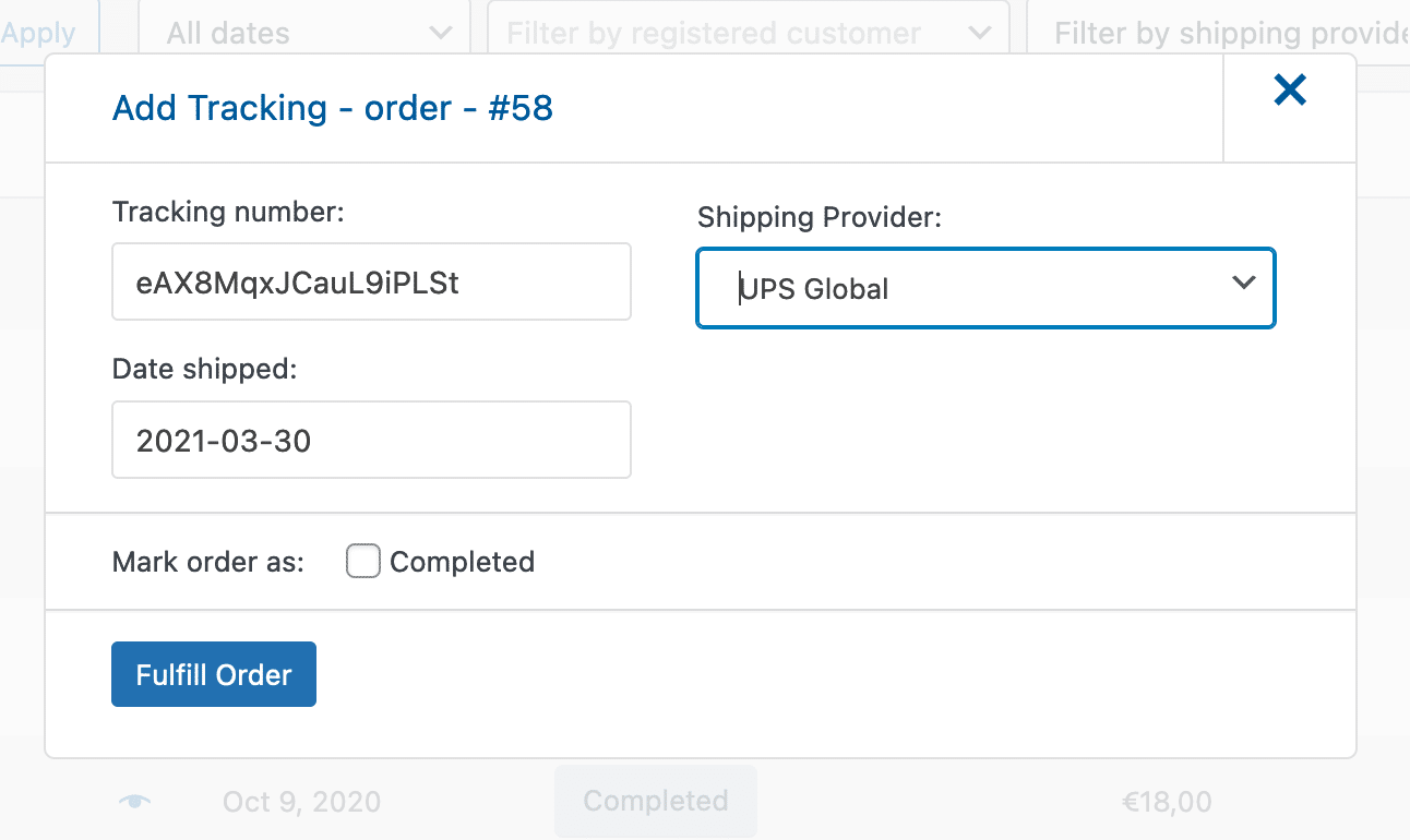Add Tracking details for an order on WooCommerce