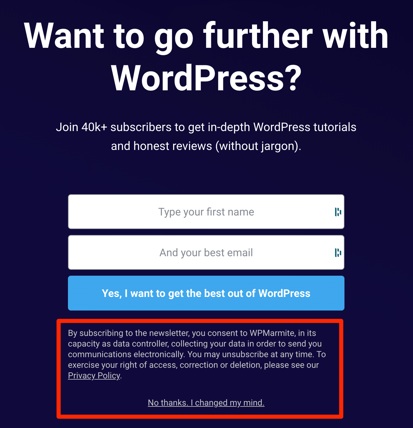 WPMarmite WordPress opt-in form referring to the privacy policy to provide more details on the various terms and conditions