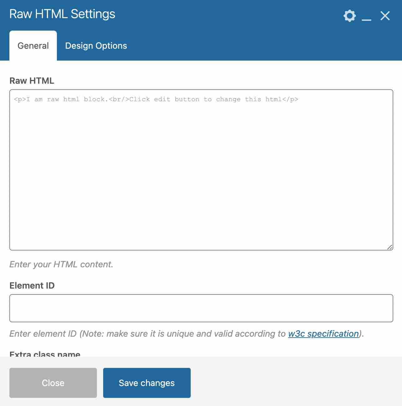 Raw HTML Settings on the WPBakery page builder.