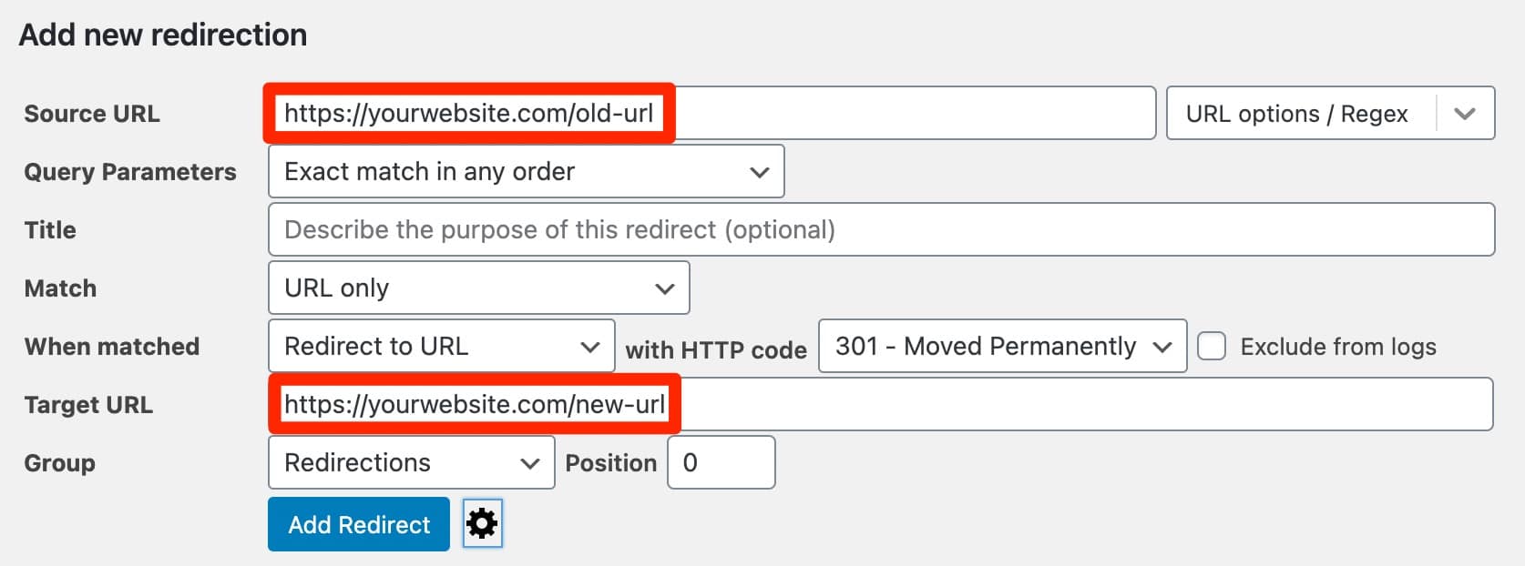 Add new redirection on WordPress with more options.