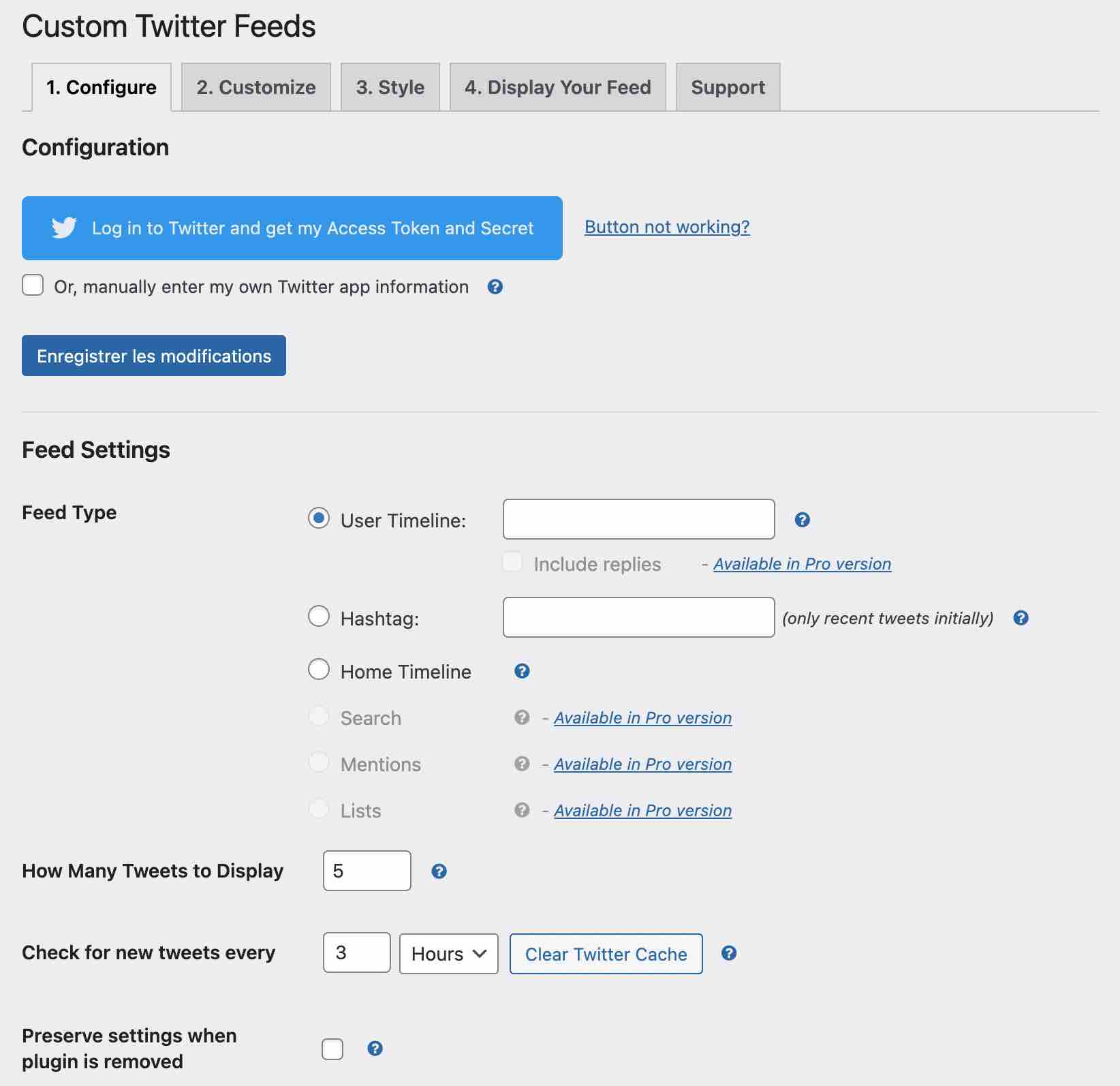 Custom Twitter Feeds plugin configuration and settings.