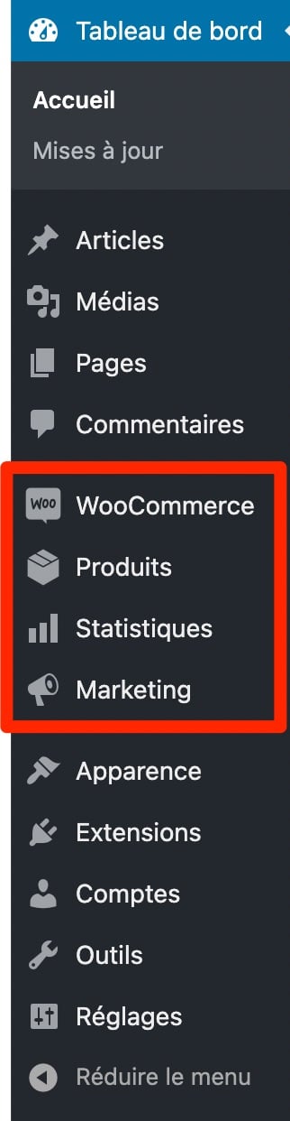 Le menu de WooCommerce sur le tableau de bord WordPress.