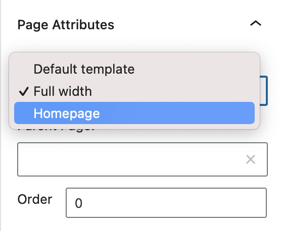 Page attributes of Storefront to select the Homepage template.