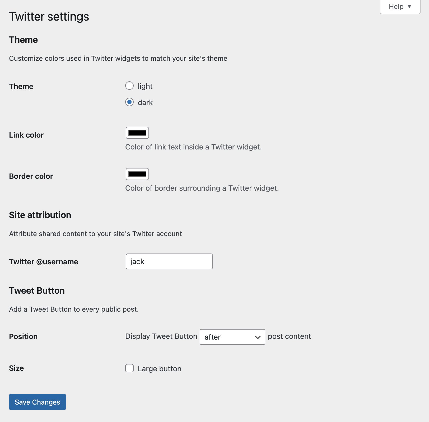 Twitter settings: theme light or dark, link color, border color, site attribution, tweet button...