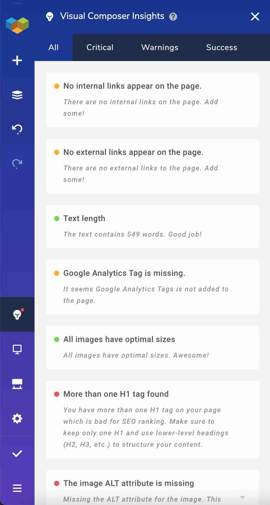 Visual Composer Insights for SEO recommendations and warnings.