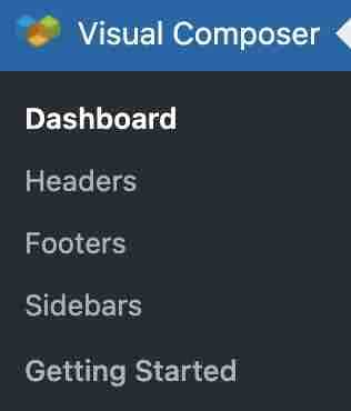 Visual Composer menu displaying its tabs: Dashboard, Headers, Footers, Sidebars, Getting Started.