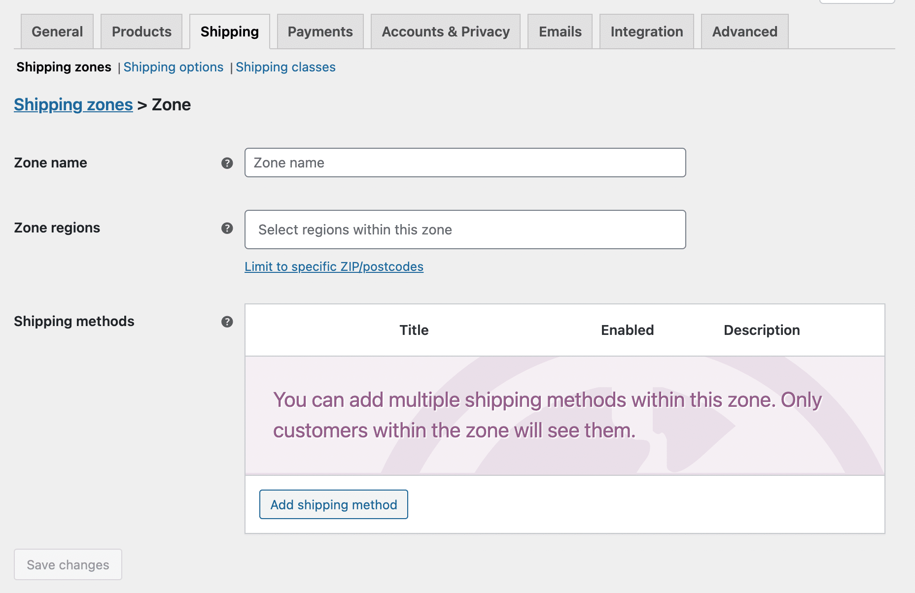 Shipping tab in the WooCommerce settings.