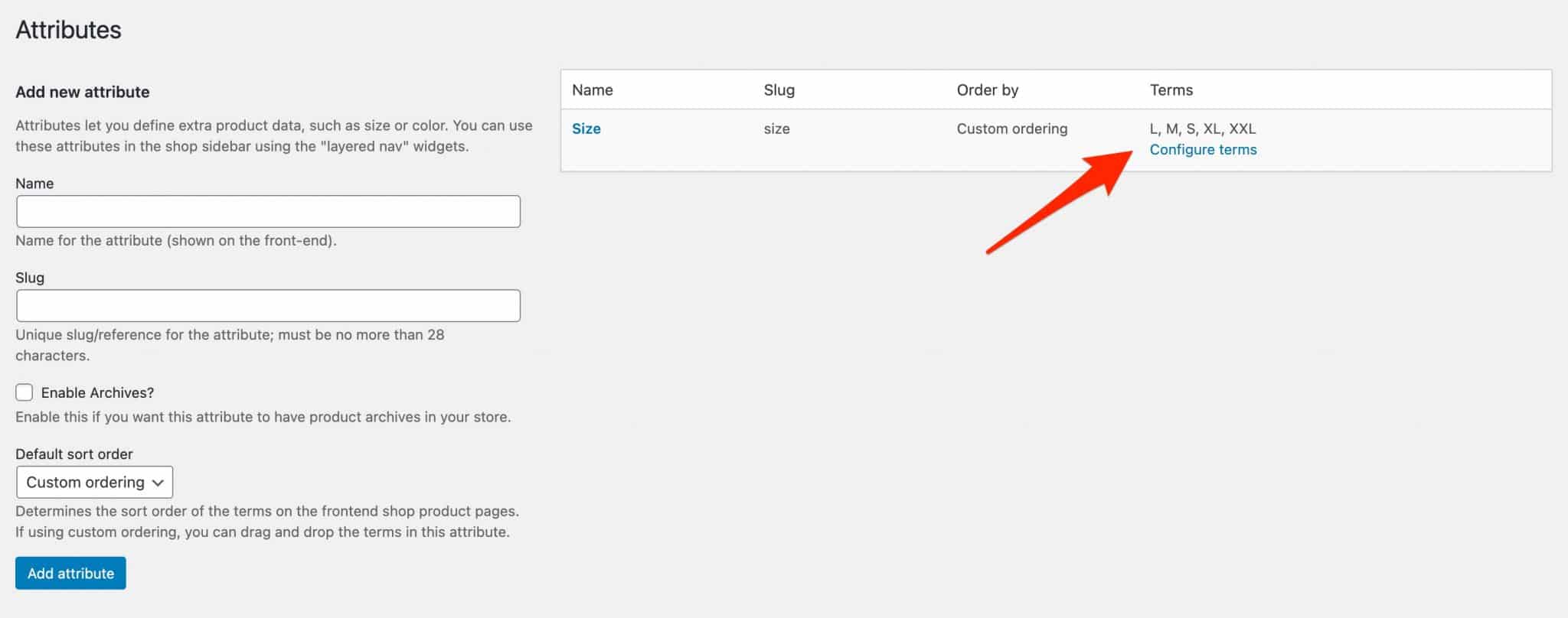 WooCommerce attributes example with the sizes L, M, S, XL, XXL.