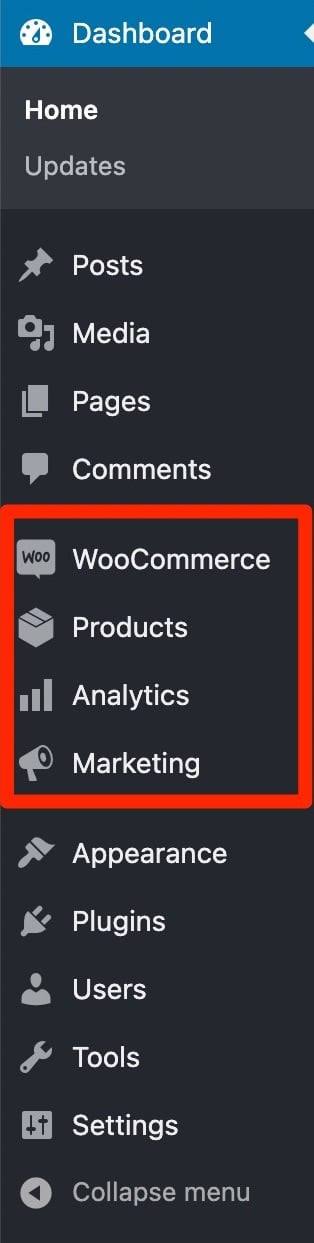 WooCommerce menus: WooCommerce, Products, Analytics, Marketing.