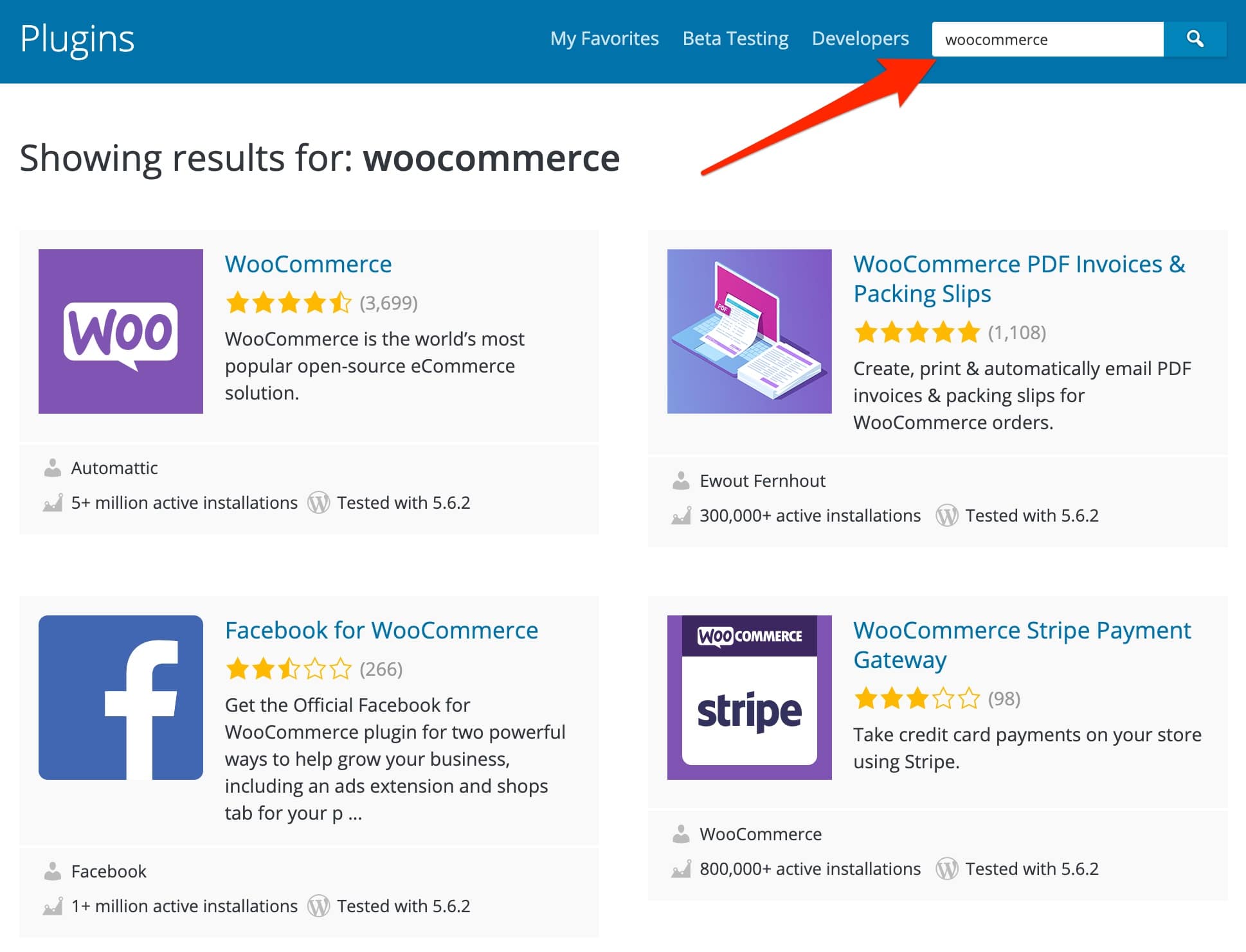 WooCommerce plugin in the search bar of the WordPress directory.