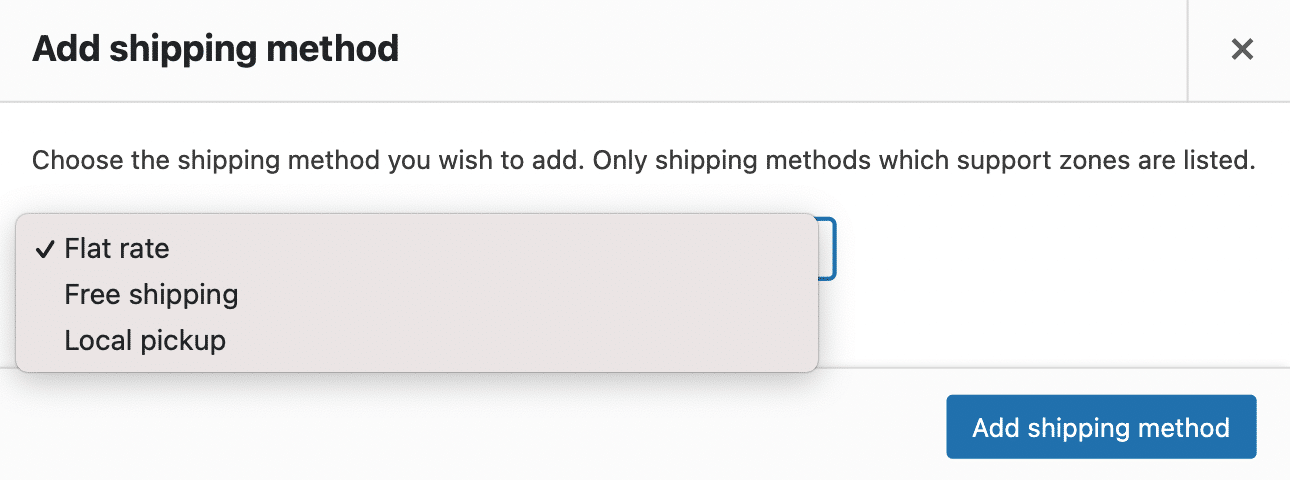 Add shipping method on WooCommerce: Flat rate, Free shipping, Local pickup.