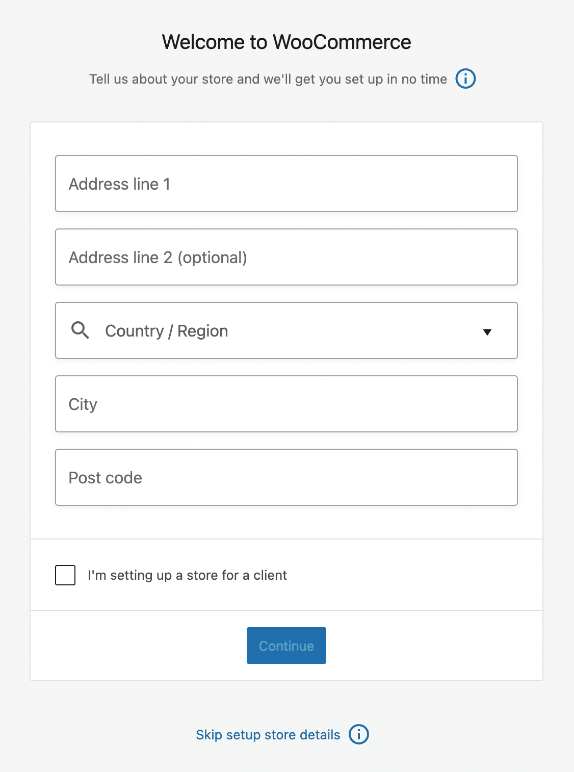 Welcome to WooCommerce form: address, country/Region, City, Post code
