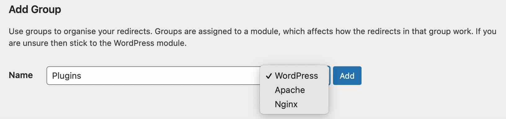 Add Group on WordPress redirection plugin (WordPress, Apache, Nginx).