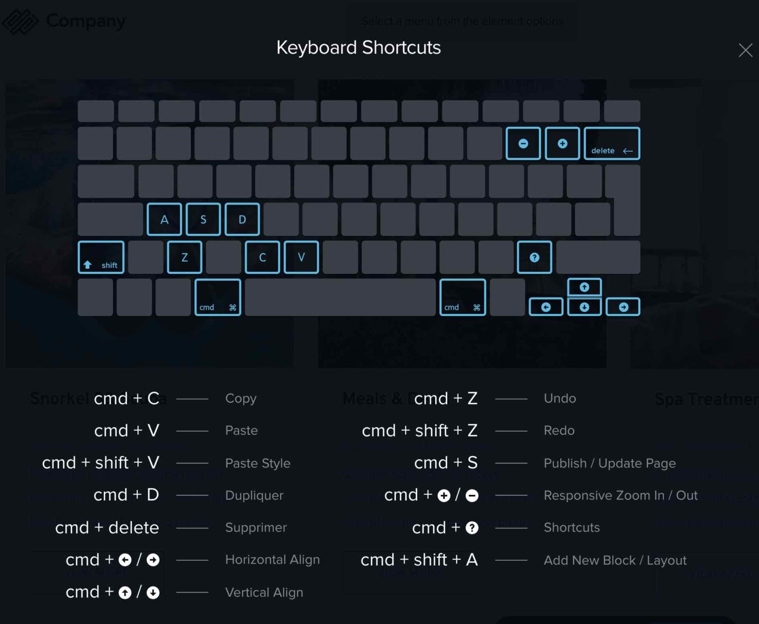 Keyboard shortcuts on the Brizy page builder.
