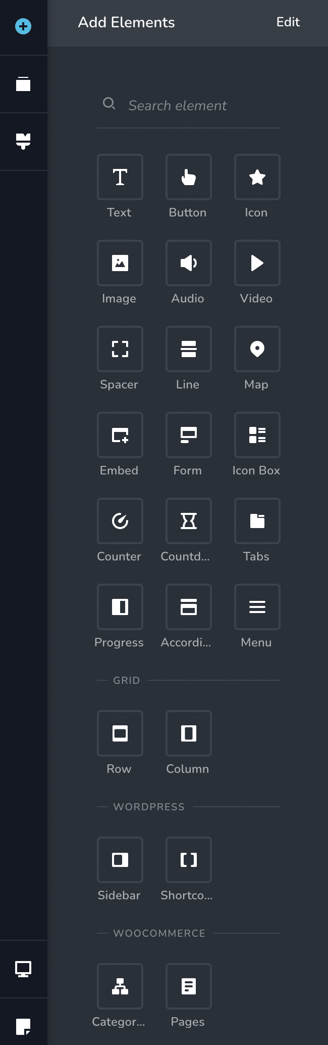 Brizy page builder elements: text, button, icon, image, form, etc.