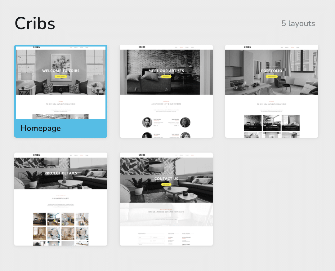 5 layouts of the Cribs layout on the Brizy page builder.