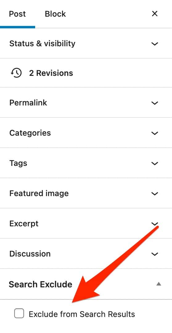 "Exclude from Search Results" box to check to exclude a post or a page from search results on the Search Exclude plugin.
