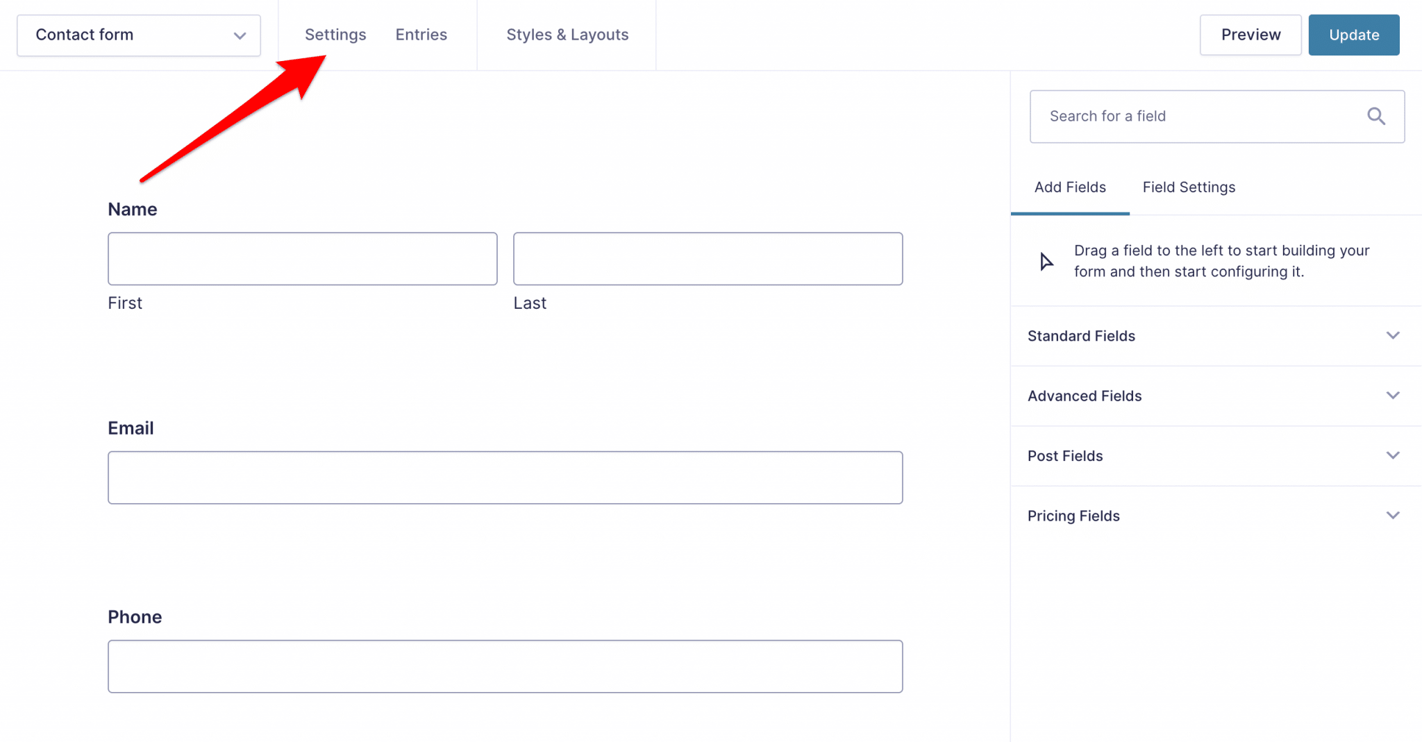 Settings tab on a contact form in Gravity Forms.