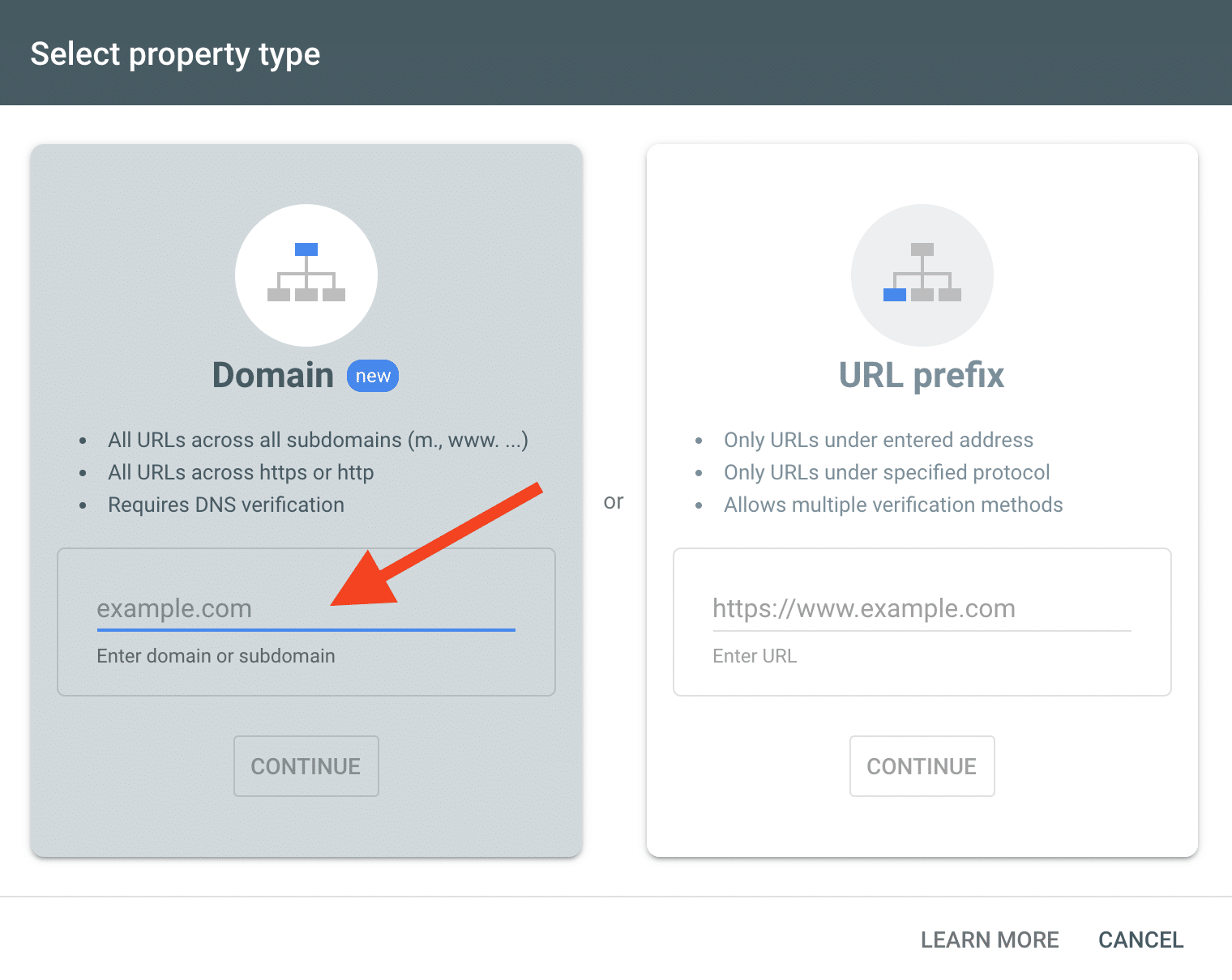 Select property type on Google Search Console and add Domain.
