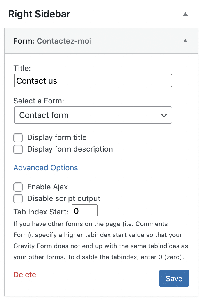 Right Sidebar settings of a contact form of Gravity Forms.