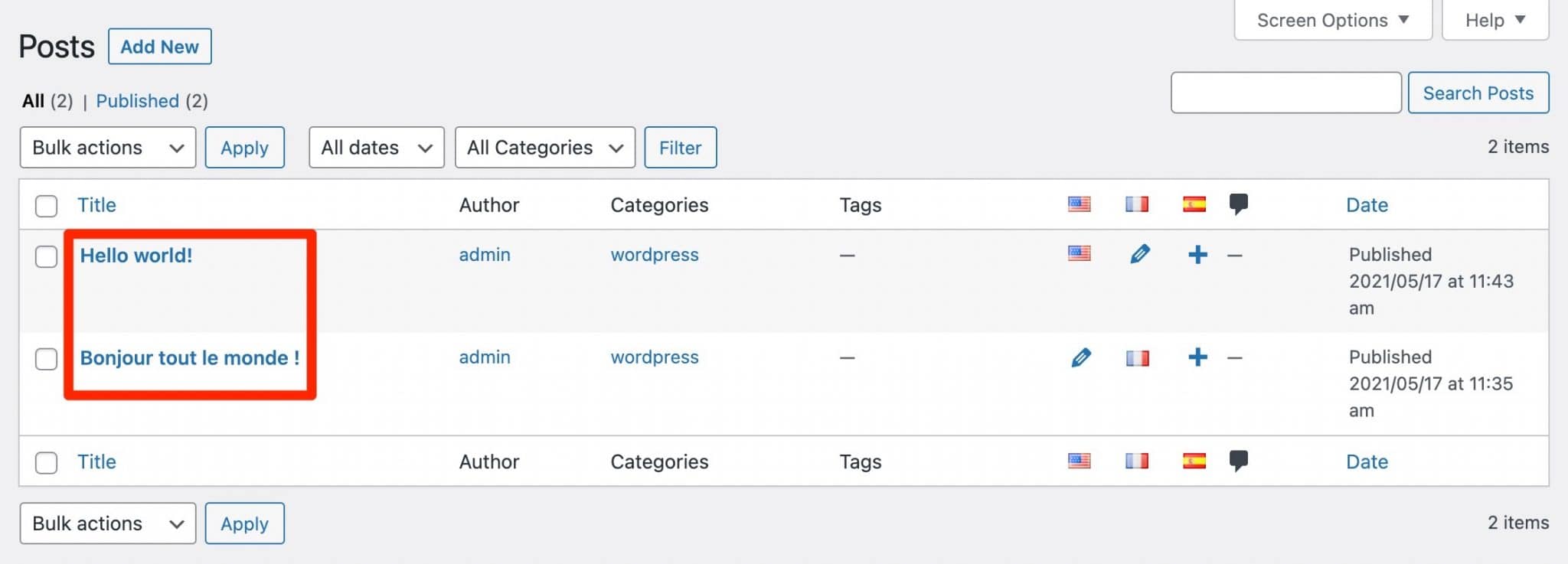 All posts on the WordPress admin dashboard displaying different flags and translation options.