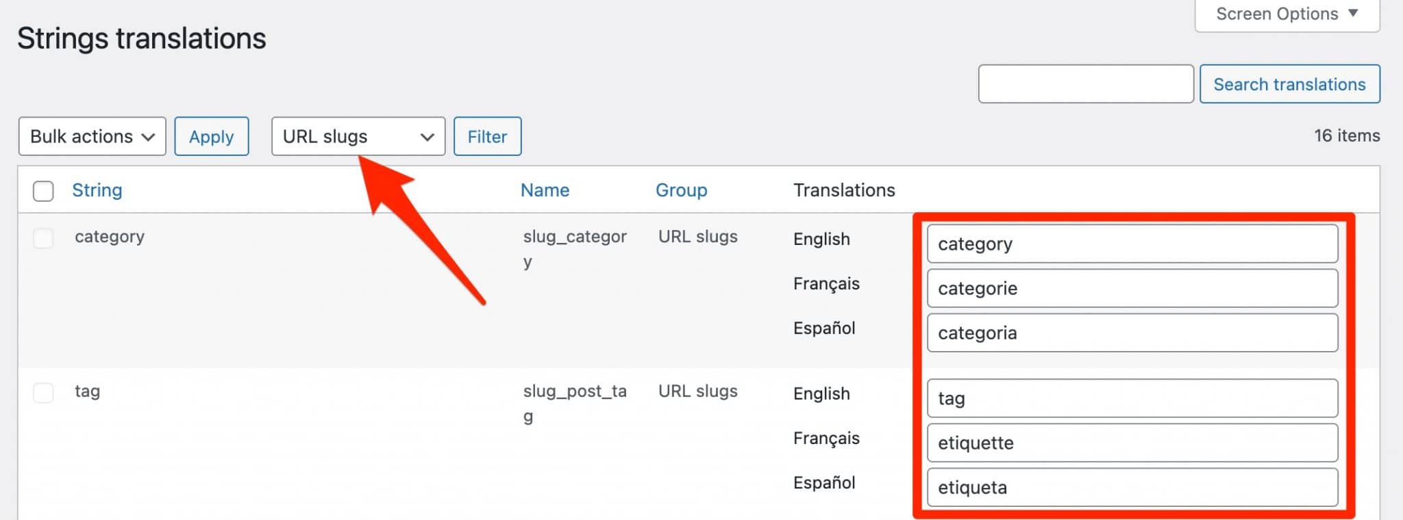 Strings translations settings to translate the URL slugs on Polylang.