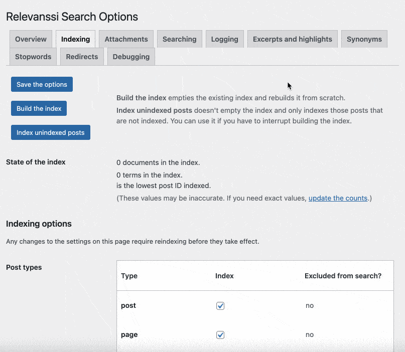 Relevanssi search options with the Indexing tab settings.