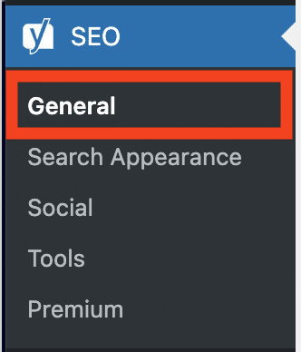 Yoast SEO general menu to access the settings to create a sitemap.